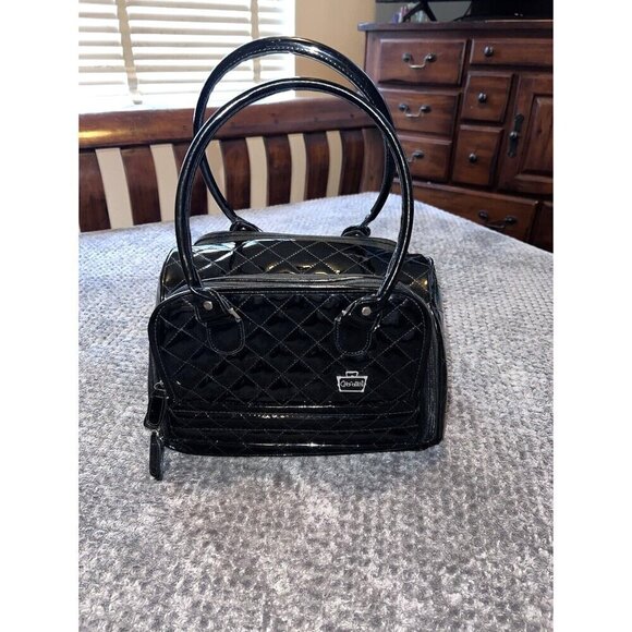 CABOODLES Black Patent Leather Carry On Makeup Bag Top Handles - Picture 1 of 16